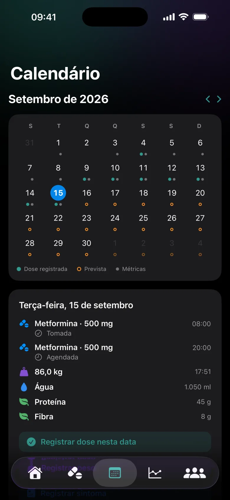 Tela Calendário de setembro com doses registradas e previstas e o detalhe do dia 7