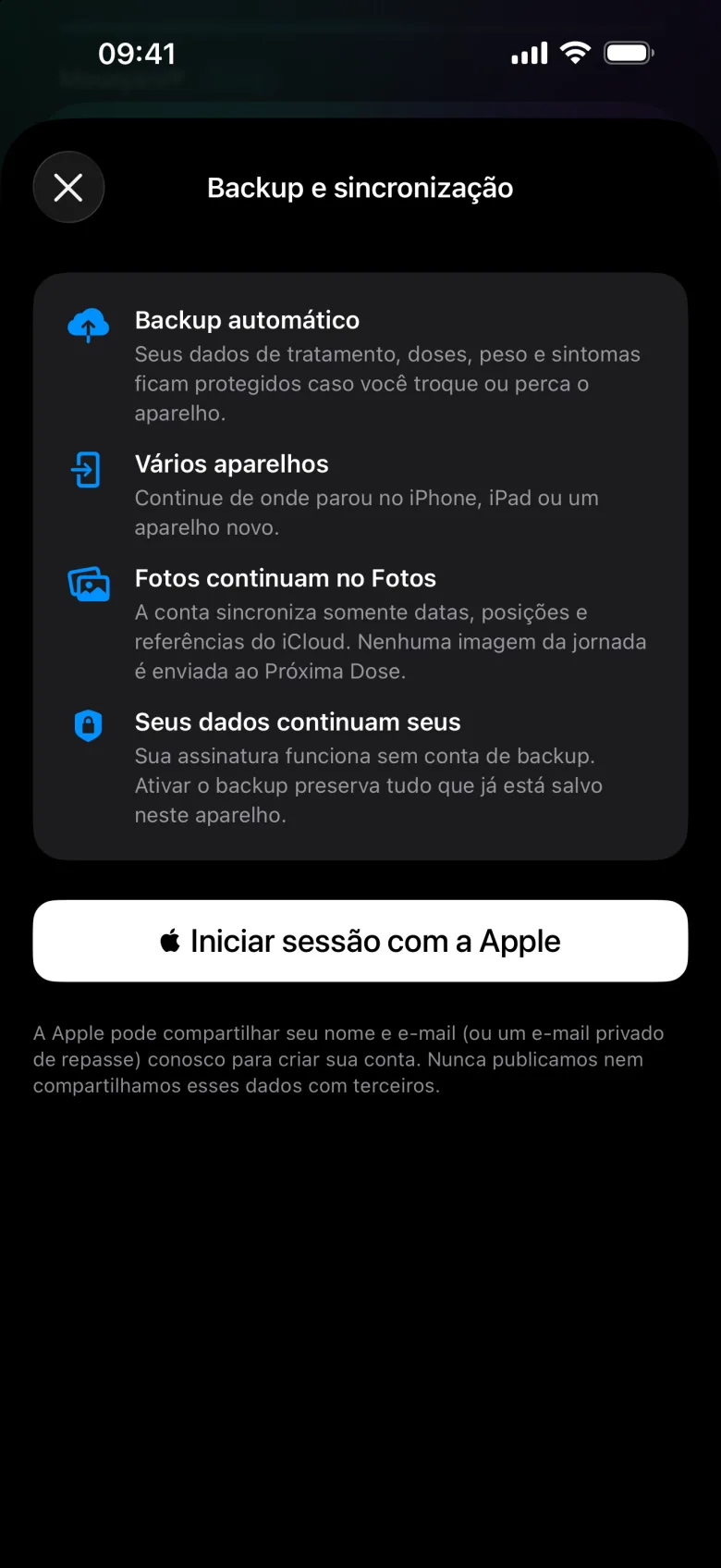 Tela Backup e sincronização com backup automático, vários aparelhos, fotos no Fotos e o botão Iniciar sessão com a Apple