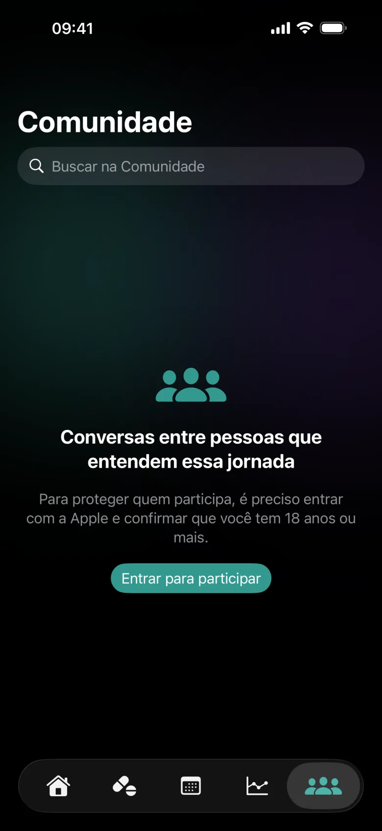 Tela de entrada da Comunidade: conversas entre pessoas que entendem essa jornada, para maiores de 18 anos