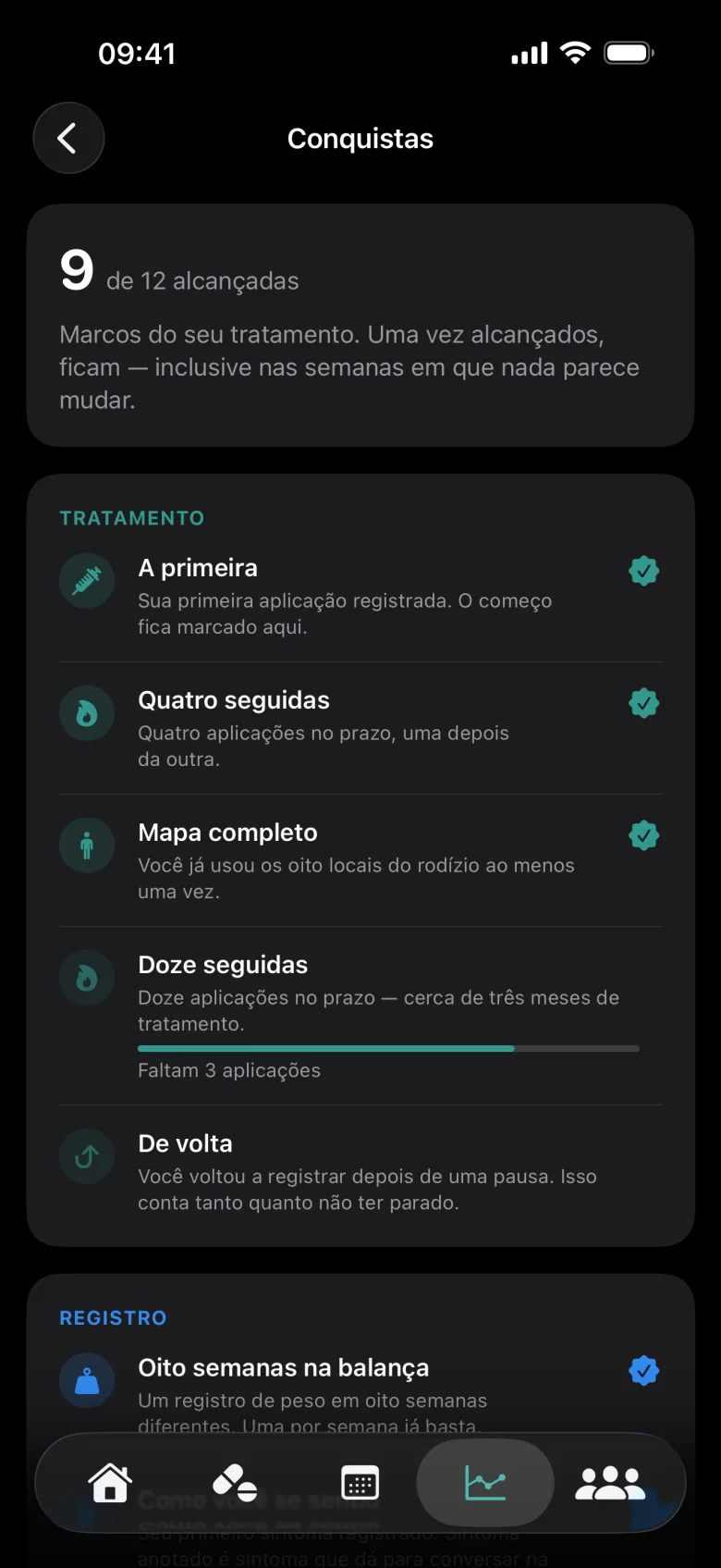 Tela Conquistas com 9 de 12 alcançadas, incluindo A primeira, Quatro seguidas e Mapa completo