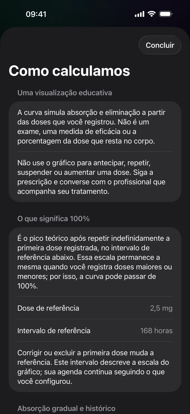 Tela Como calculamos explicando a visualização educativa, o significado de 100% e a dose e o intervalo de referência