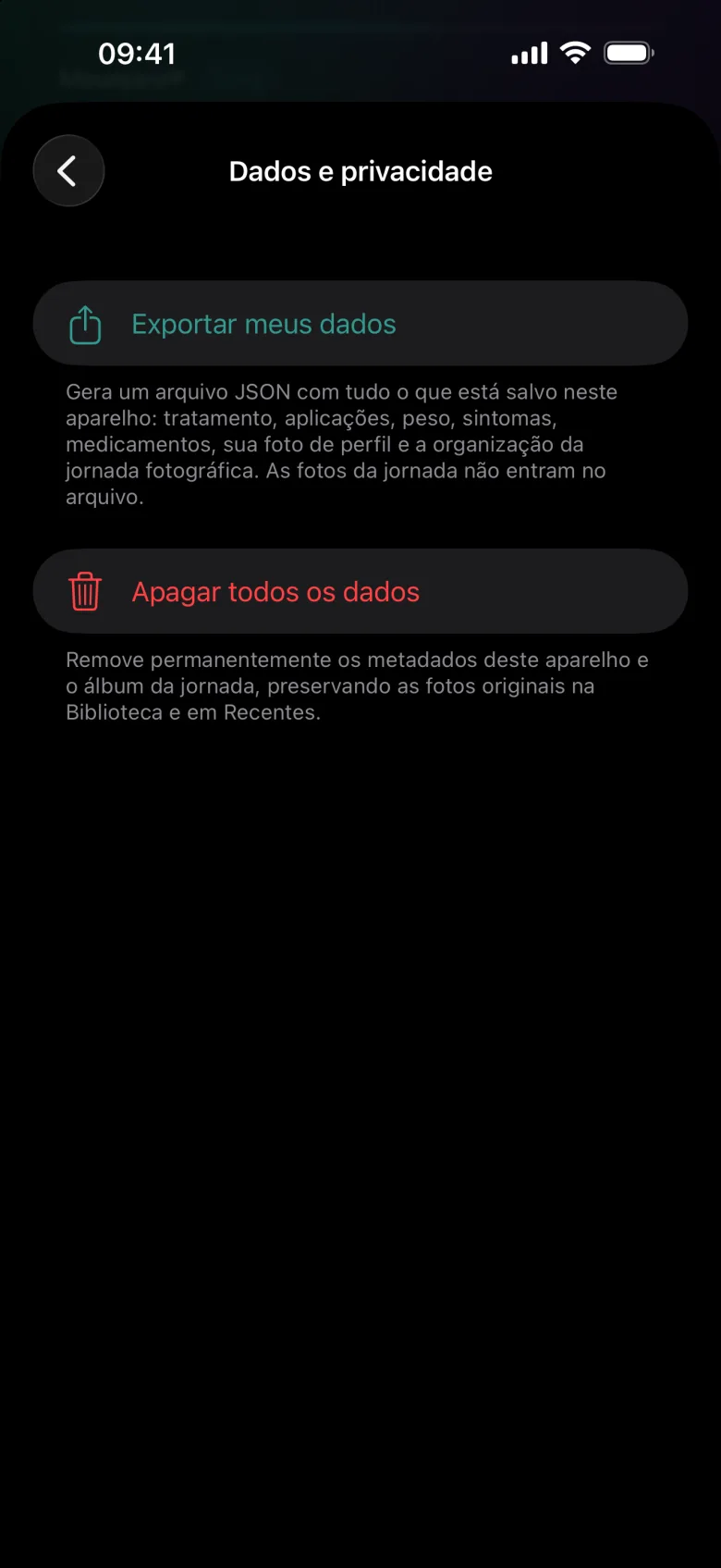 Tela Dados e privacidade com as opções Exportar meus dados e Apagar todos os dados