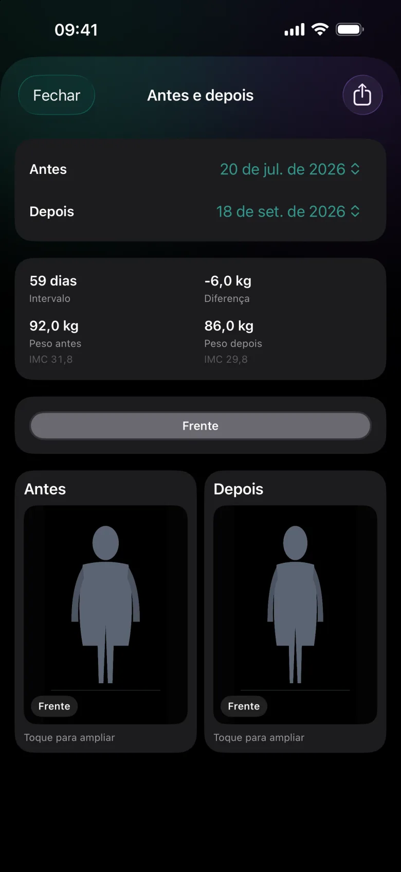 Tela Antes e depois com duas sessões de fotos, intervalo de 59 dias e diferença de 6 kg, usando silhuetas ilustrativas