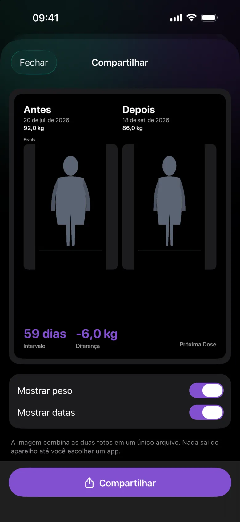 Tela Compartilhar com o cartão de antes e depois e as opções Mostrar peso e Mostrar datas
