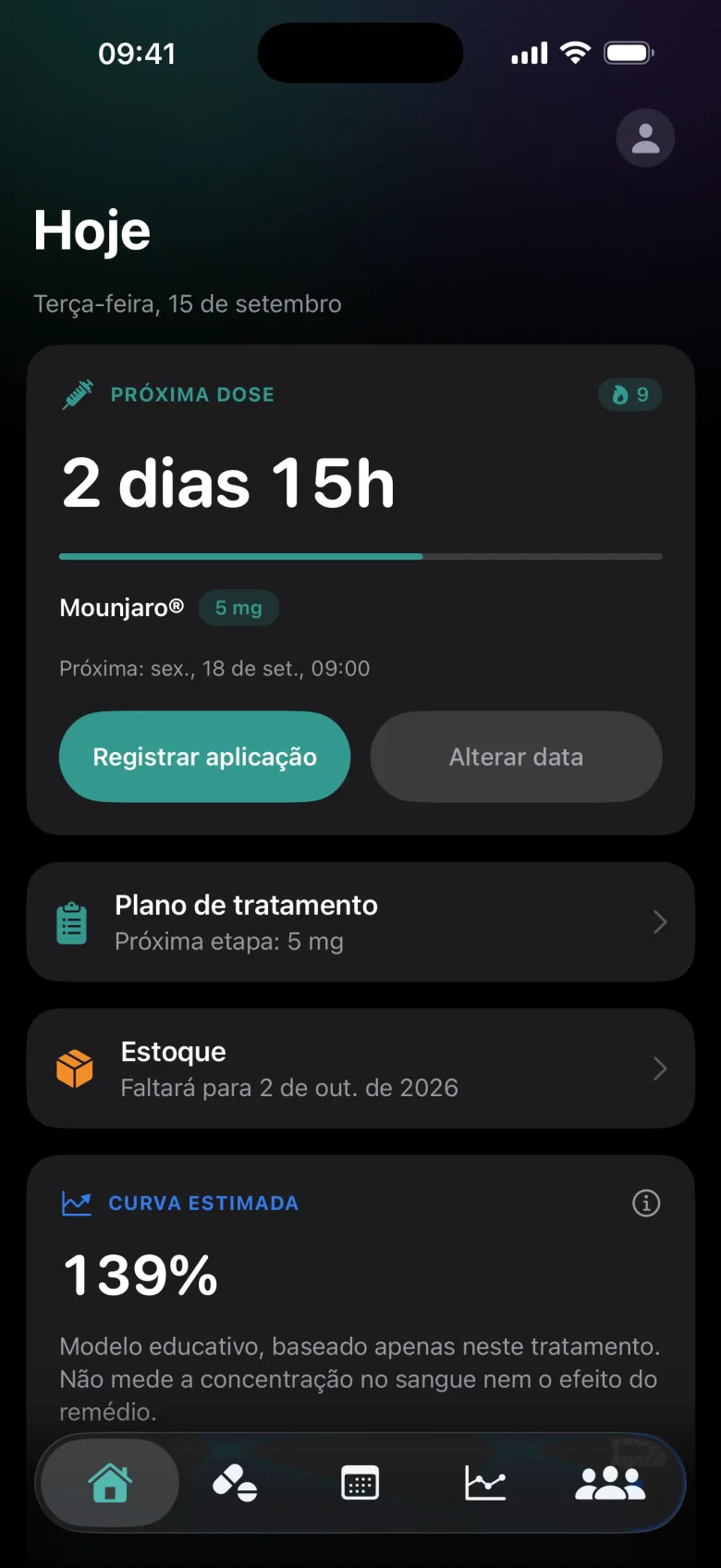 Tela Hoje do Próxima Dose no iPhone com a contagem regressiva de 2 dias e 11 horas até a próxima dose de Mounjaro 5 mg, plano de tratamento, estoque e curva estimada