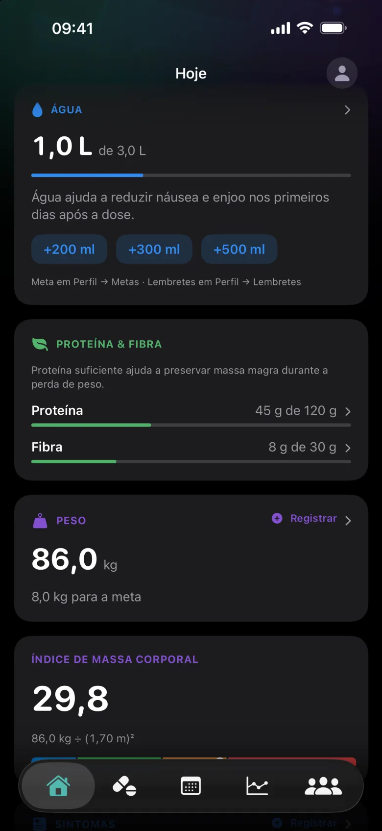 Tela Hoje com os cards Água com 1 de 3 litros, Proteína e Fibra, Peso e Índice de Massa Corporal