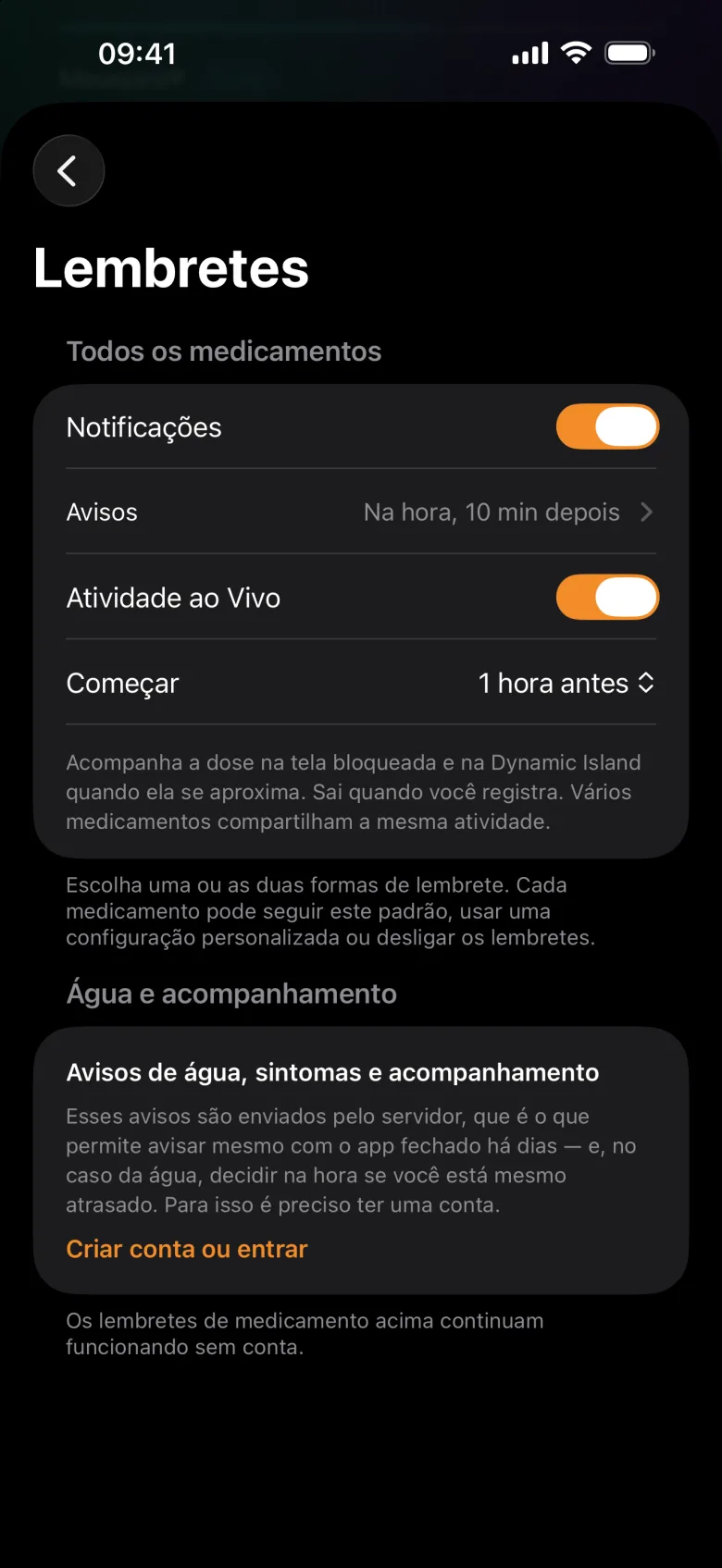 Tela Lembretes com notificações, avisos, Atividade ao Vivo e avisos de água e acompanhamento