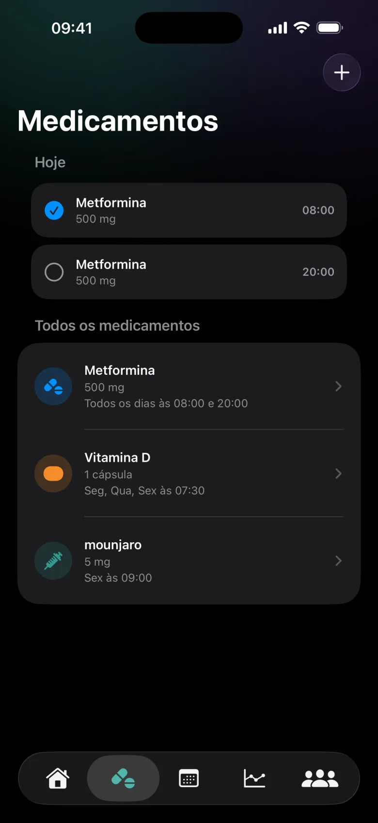 Tela Medicamentos com as tomadas de hoje de Vitamina D e Metformina e a lista de todos os medicamentos