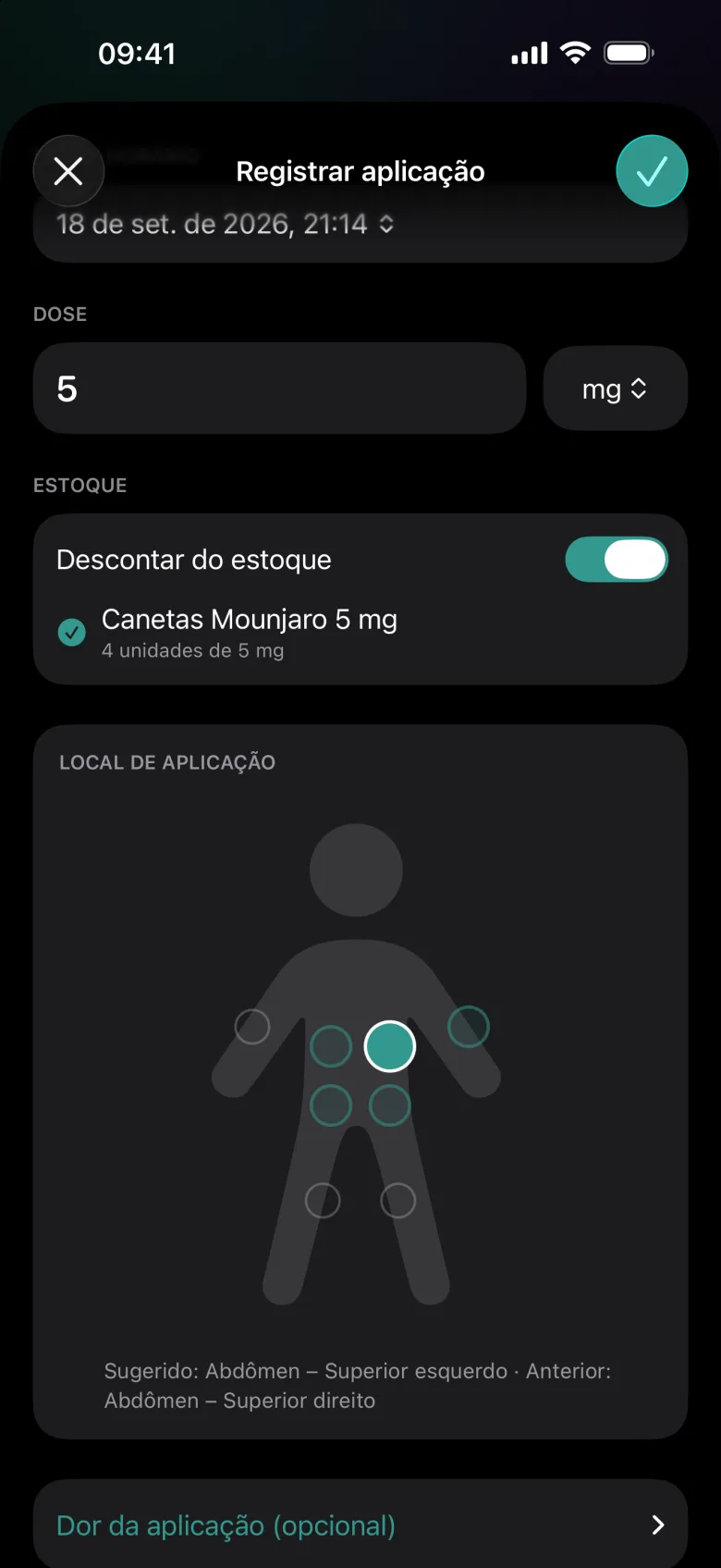 Tela Registrar aplicação do Próxima Dose com data, dose, desconto do estoque e mapa corporal de local de aplicação