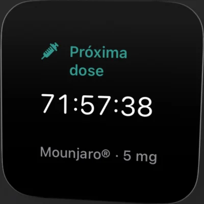 Widget pequeno Próxima dose com a contagem regressiva e Mounjaro 5 mg